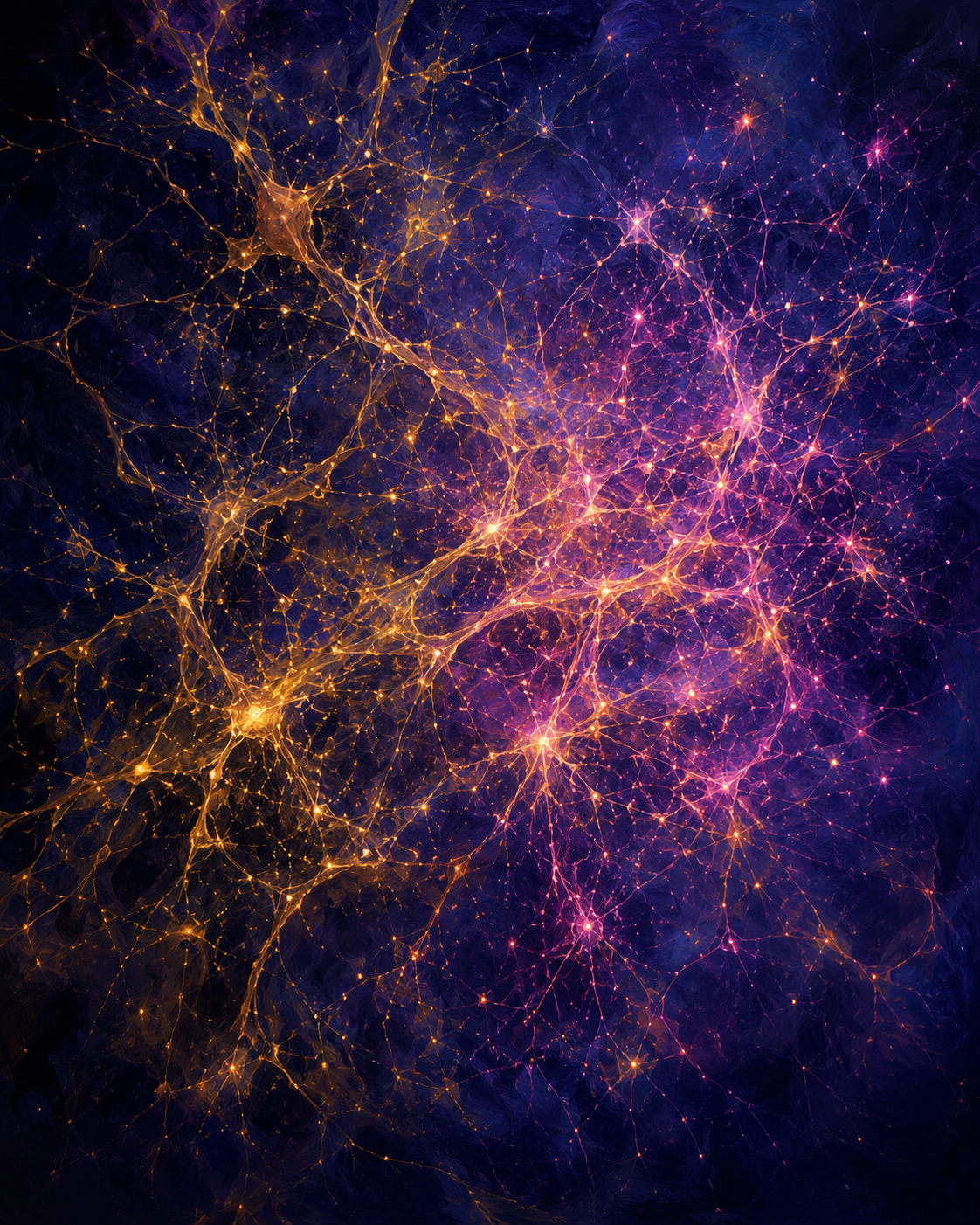 Abstract visualization of two neural networks merging — gold and rose-pink constellations of light connecting across a deep indigo background, representing the brain reorganization that occurs during matrescence.