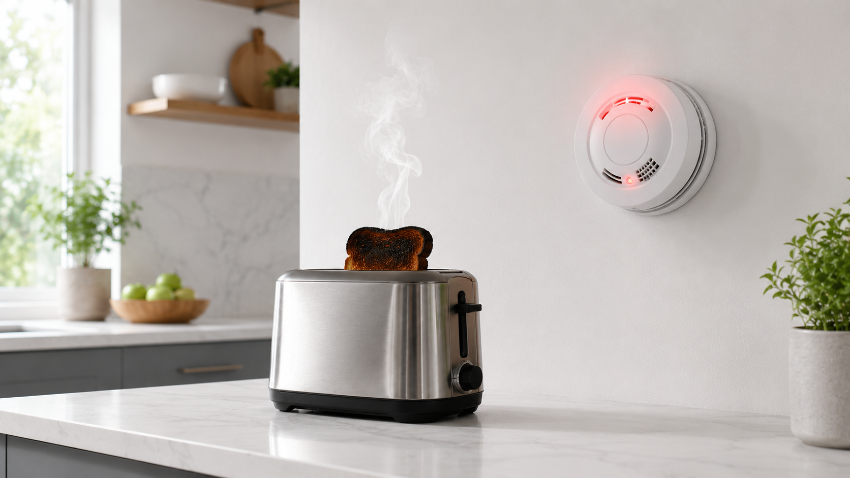 A burnt piece of toast in a stainless steel toaster on a white marble kitchen counter, with wispy smoke rising toward a red-lit smoke detector alarming on the wall above it. Bright, modern kitchen with natural light.