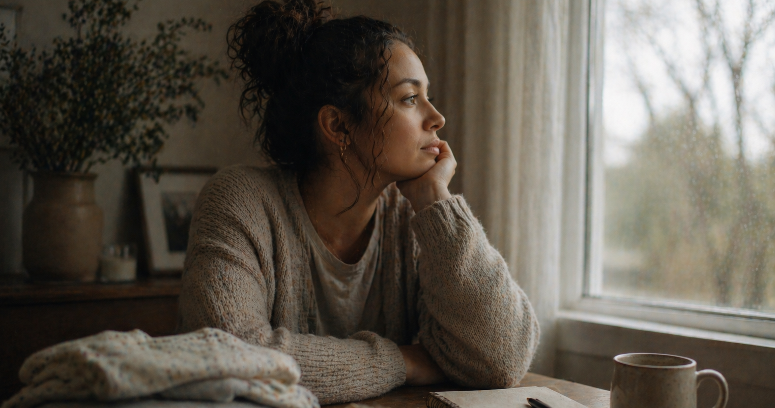 A woman sitting quietly at a table looking out a window, reflecting — evoking the contemplative and emotional weight of the postpartum weaning transition