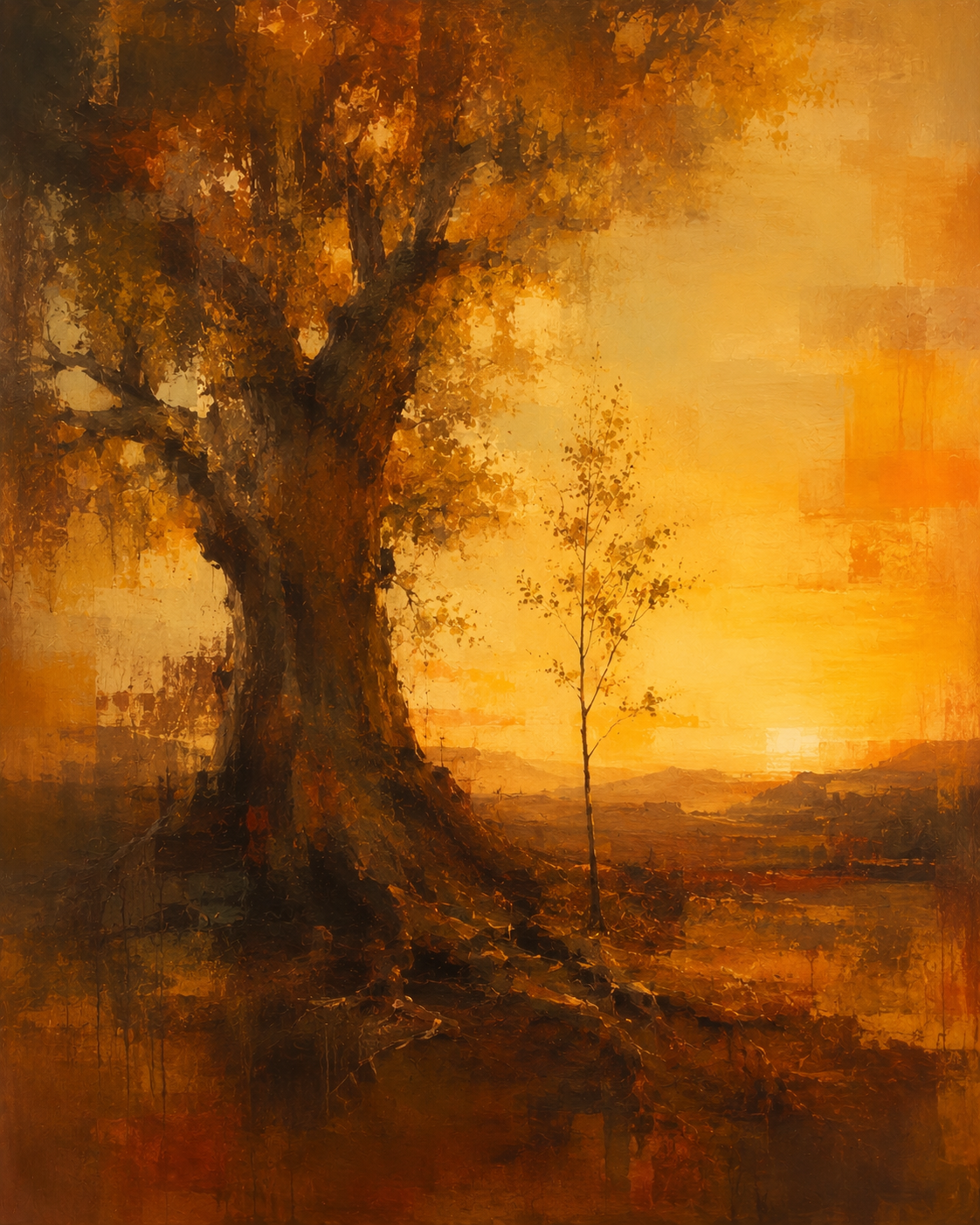 Abstract expressionist painting of two tree forms — one ancient and expansive, one young and reaching — dissolving into warm amber and gold light at dusk, representing the intergenerational bond at the heart of patrescence.
