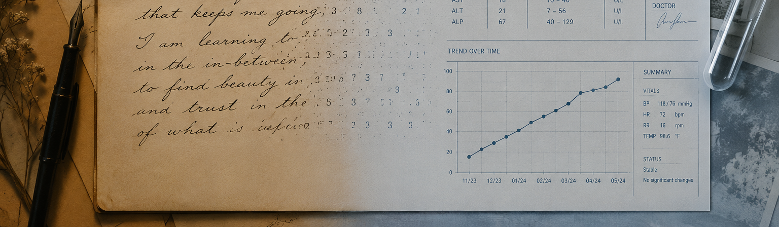 Handwritten therapy notes transforming into clinical data — representing the therapist's role in translating patient narrative for psychiatric prescribers.